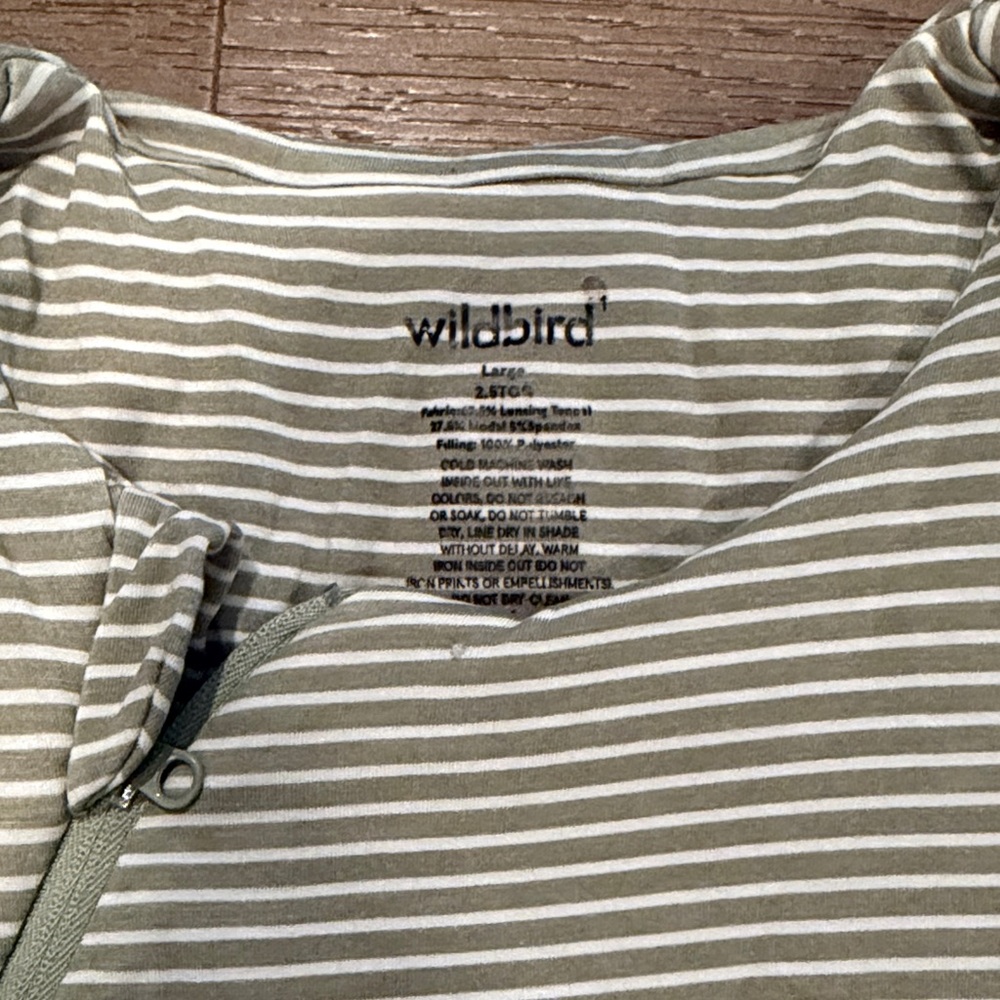 WildBird Olive Green and White Striped Zip-Front 2.5 TOG Large Sleep Sack